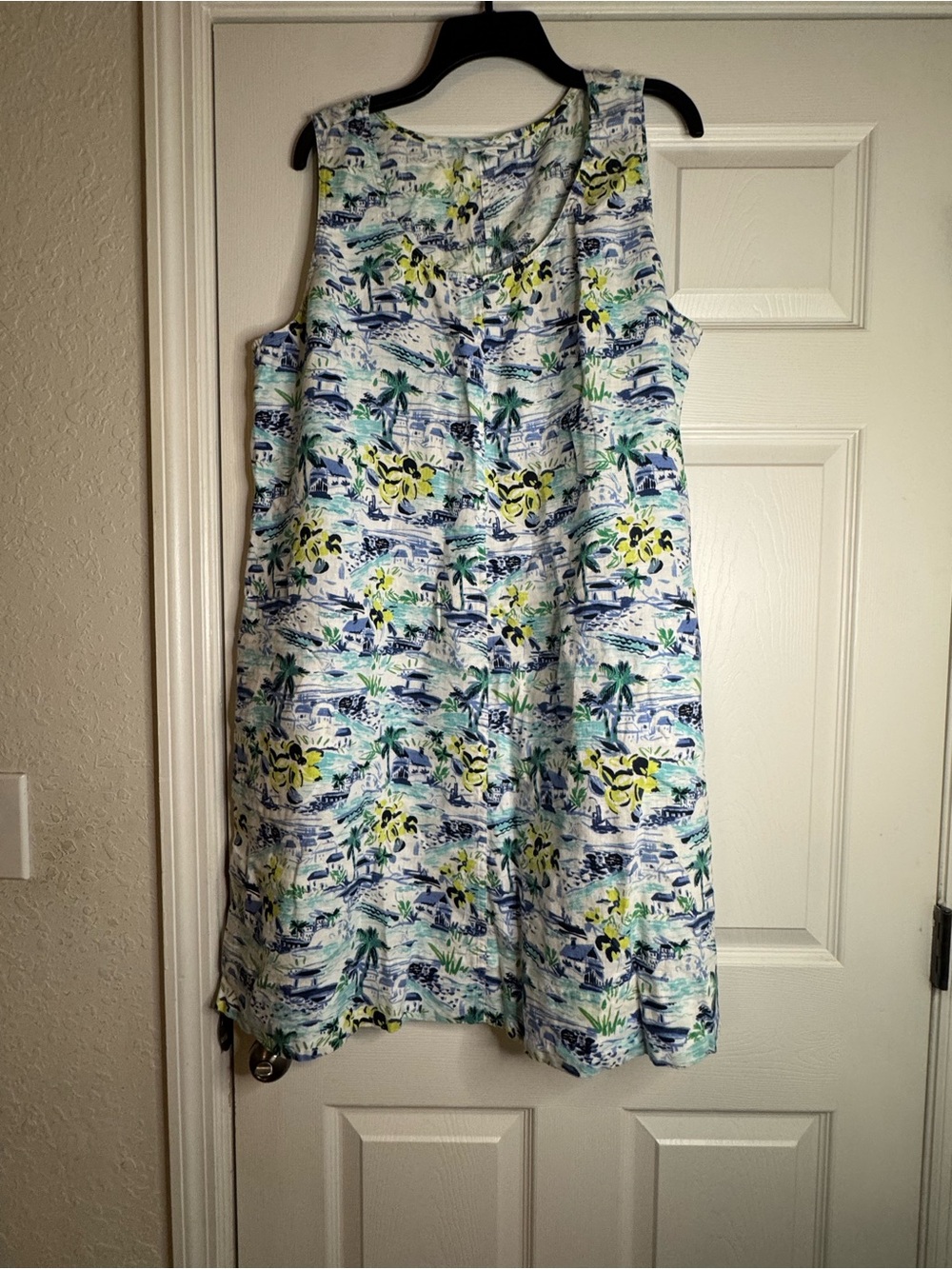 Sleeveless Tropical Print Shift Dress - White, Blue & Yellow 100% linen